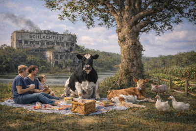 Menschen picknicken gemeinsam mit Tieren