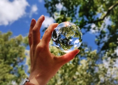 Ein Mensch hält eine Glaskugel, ein Baum spiegelt sich