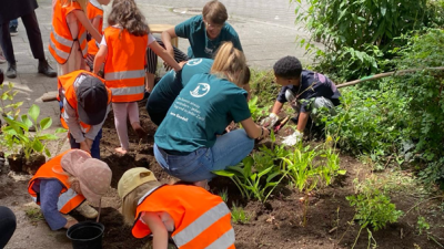 Das Team des Jane Goodall Instituts bepflanzt mit Unterstützung der Kinder eines nahegelegenen Kindergartens und Green City e.V. den Grünstreifen vor ihrem Büro in München.